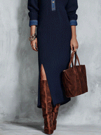 Casual Knit Denim-Trim Navy Blue Maxi Sweater Dress