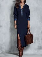 Casual Knit Denim-Trim Navy Blue Maxi Sweater Dress