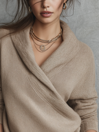 Oatmeal Camel Overlapping V-neck Knit Top