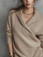 Oatmeal Camel Overlapping V-neck Knit Top