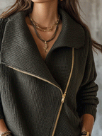 Women's Oversized Asymmetric Zip Ribbed Knit Sweater Jacket