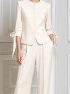 White Fall Fashion Collarless Tie Sleeve Blazer & Wide Leg Pants Suit Set