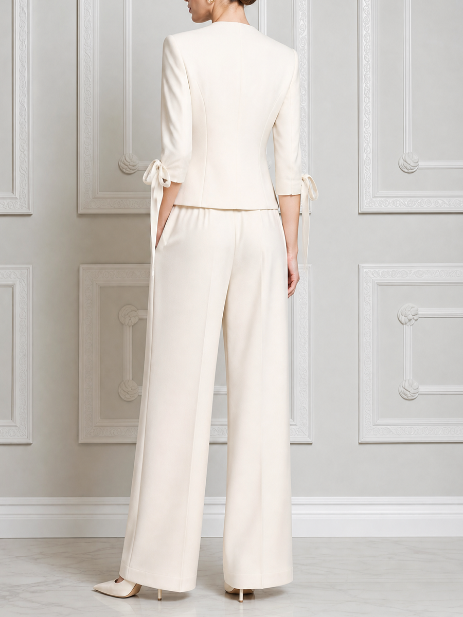 White Fall Fashion Collarless Tie Sleeve Blazer & Wide Leg Pants Suit Set