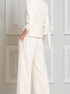White Fall Fashion Collarless Tie Sleeve Blazer & Wide Leg Pants Suit Set
