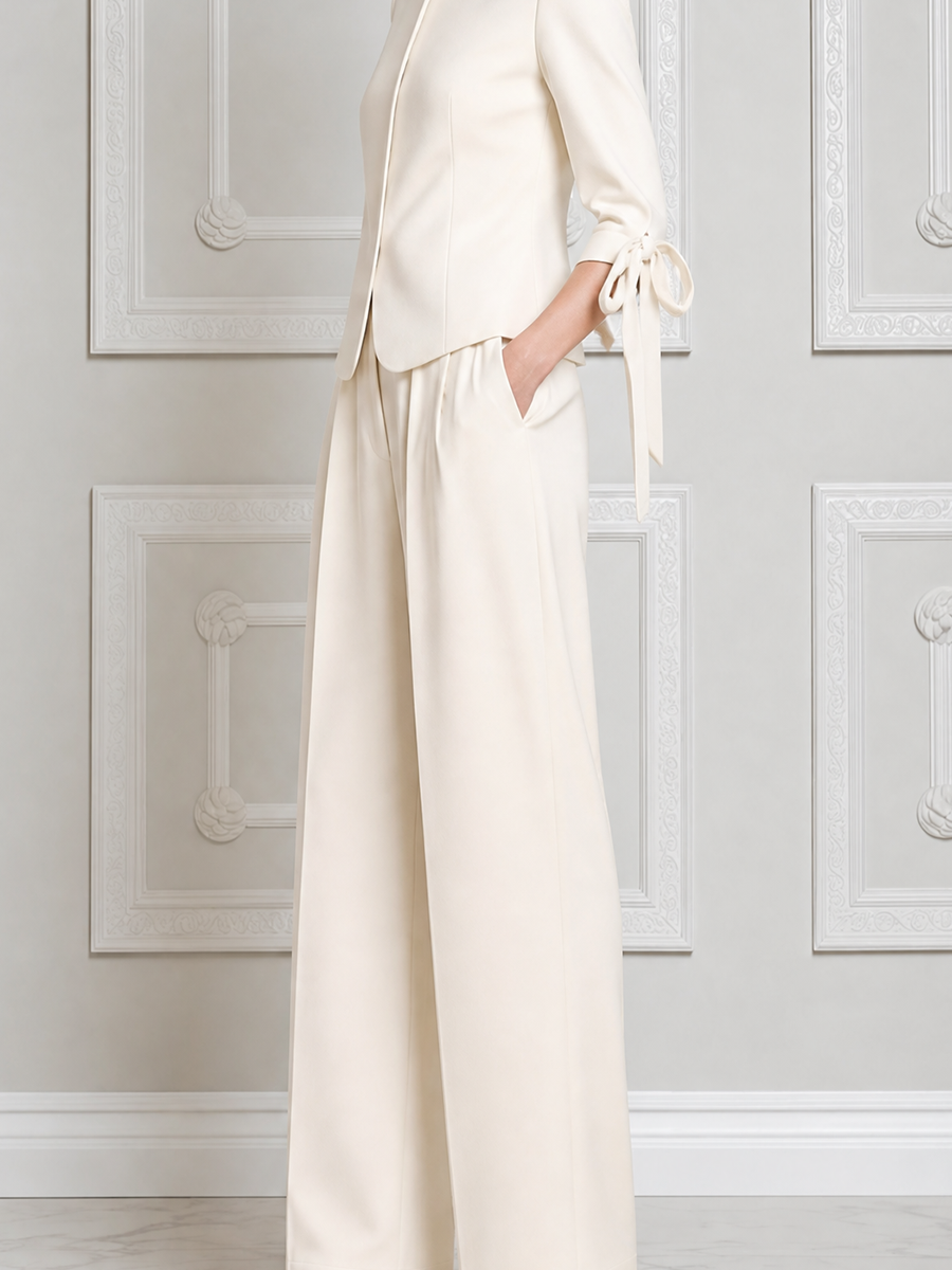 White Fall Fashion Collarless Tie Sleeve Blazer & Wide Leg Pants Suit Set
