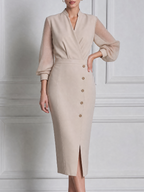 Beige Fall Wedding Guest Dress Sheer Sleeve Button Front Pencil Midi Dress