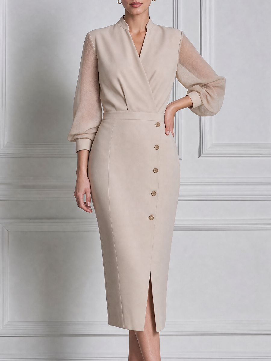 Beige Fall Wedding Guest Dress Sheer Sleeve Button Front Pencil Midi Dress
