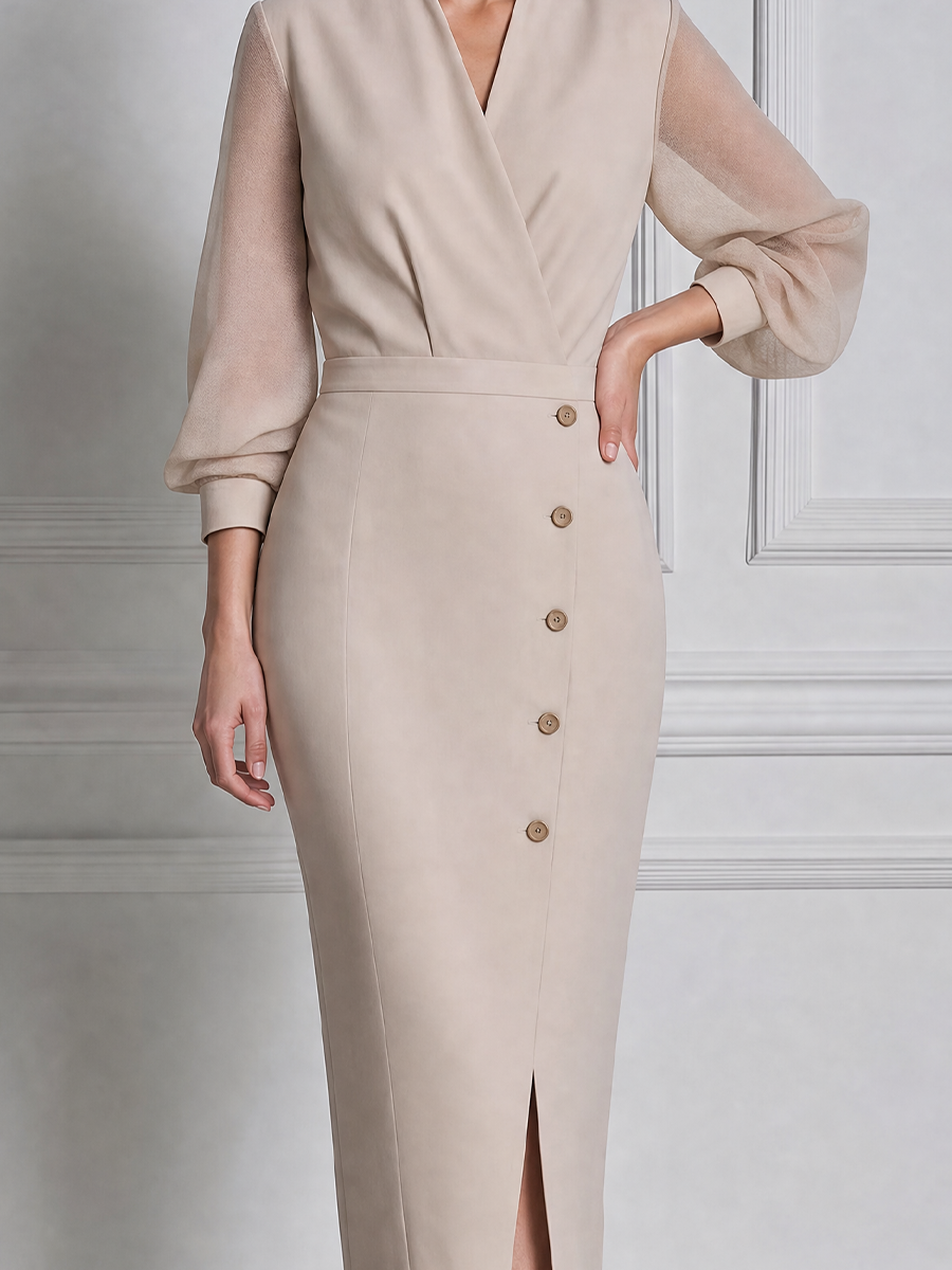 Beige Fall Wedding Guest Dress Sheer Sleeve Button Front Pencil Midi Dress