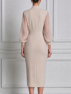 Beige Fall Wedding Guest Dress Sheer Sleeve Button Front Pencil Midi Dress
