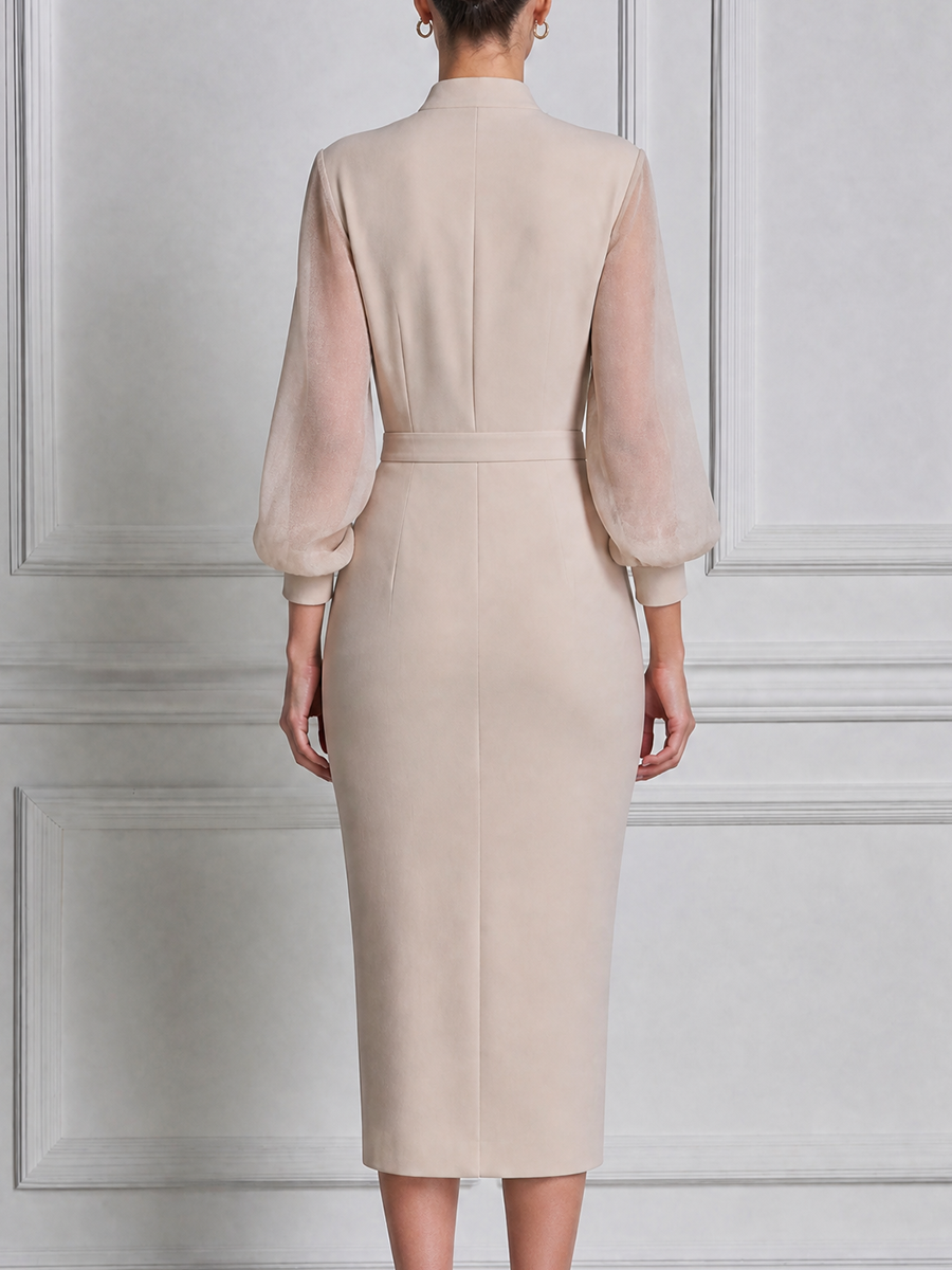Beige Fall Wedding Guest Dress Sheer Sleeve Button Front Pencil Midi Dress