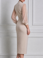 Beige Fall Wedding Guest Dress Sheer Sleeve Button Front Pencil Midi Dress