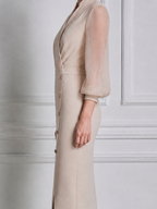 Beige Fall Wedding Guest Dress Sheer Sleeve Button Front Pencil Midi Dress