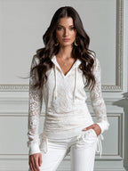 White Floral Lace Drawstring V-Neck Hooded Top