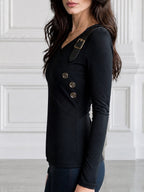 Crossover V-Neck Buckle Strap Button-Detail Top