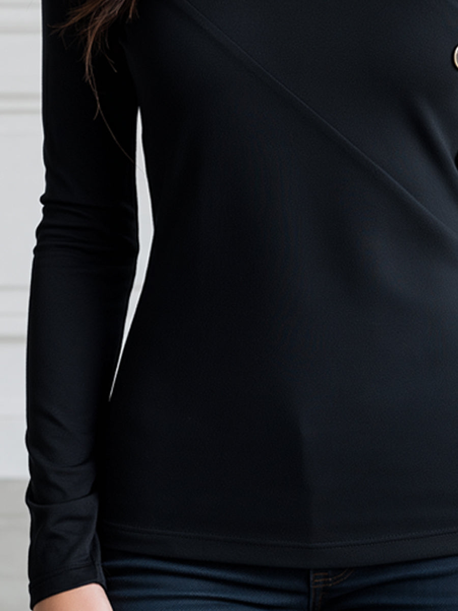 Crossover V-Neck Buckle Strap Button-Detail Top