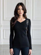 Crossover V-Neck Buckle Strap Button-Detail Top
