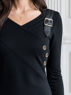 Crossover V-Neck Buckle Strap Button-Detail Top