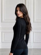 Crossover V-Neck Buckle Strap Button-Detail Top