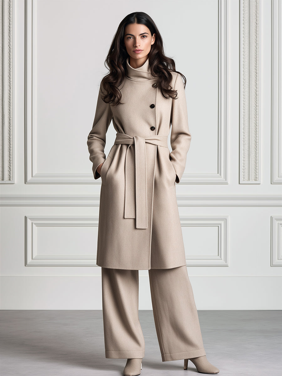 Asymmetric Button Belted Wool-Blend Midi Coat