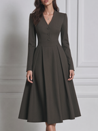 Charcoal Olive Fall Fashion V-Neck Button Front Pleated A-Line Midi Dress