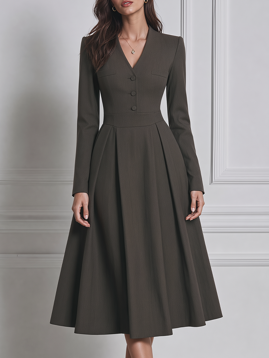 Charcoal Olive Fall Fashion V-Neck Button Front Pleated A-Line Midi Dress