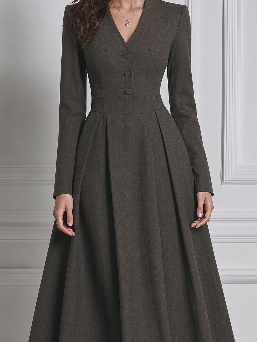 Charcoal Olive Fall Fashion V-Neck Button Front Pleated A-Line Midi Dress