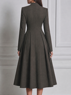 Charcoal Olive Fall Fashion V-Neck Button Front Pleated A-Line Midi Dress