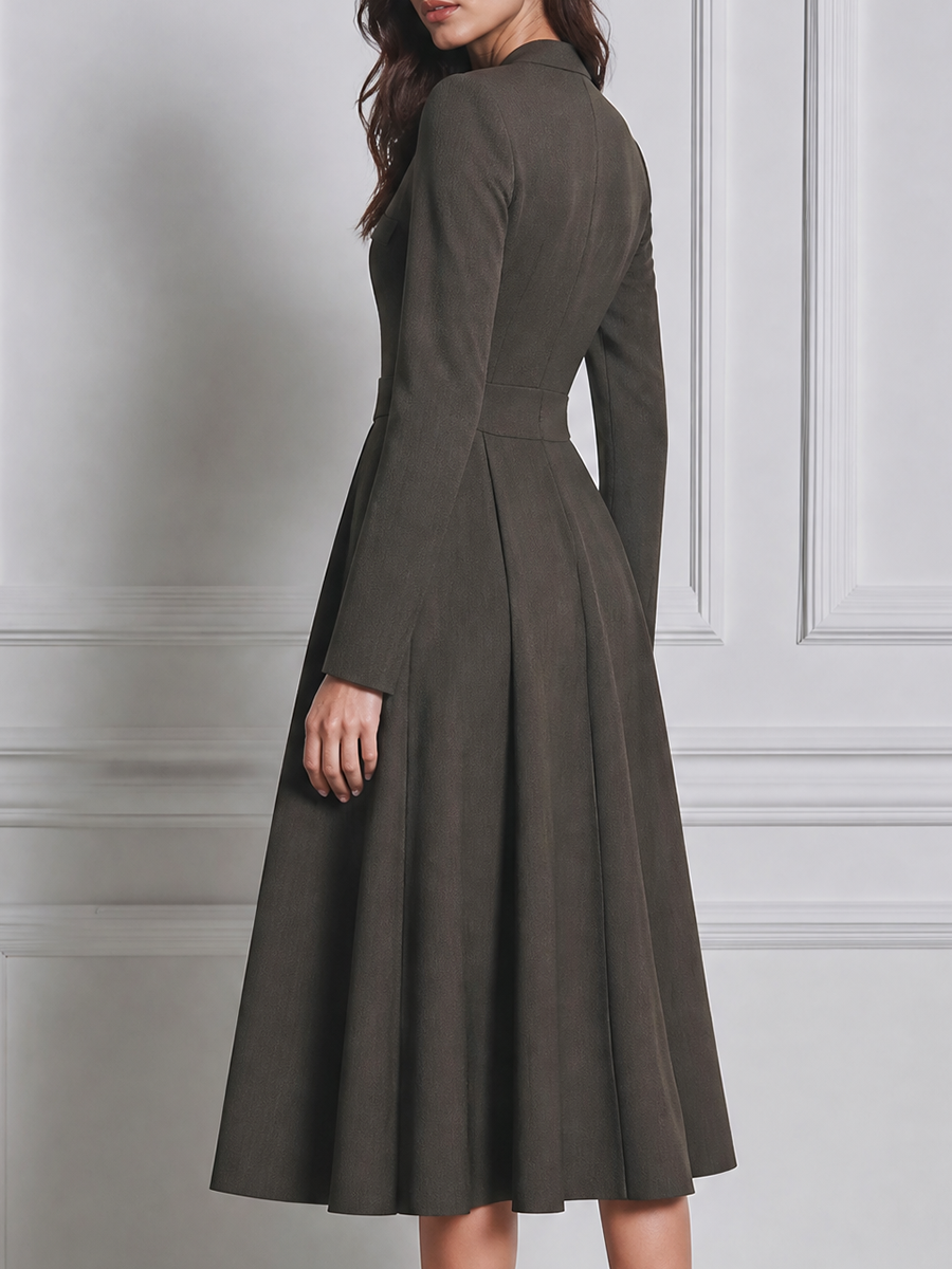 Charcoal Olive Fall Fashion V-Neck Button Front Pleated A-Line Midi Dress