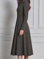 Charcoal Olive Fall Fashion V-Neck Button Front Pleated A-Line Midi Dress