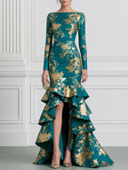 Teal And Gold Floral Print Boat Neck High-Low Ruffle Gown
