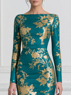 Teal And Gold Floral Print Boat Neck High-Low Ruffle Gown