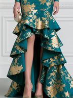 Teal And Gold Floral Print Boat Neck High-Low Ruffle Gown