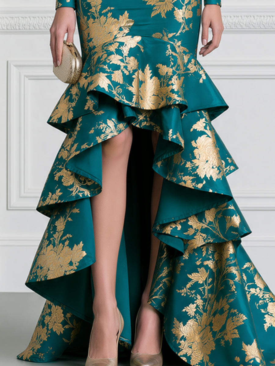 Teal And Gold Floral Print Boat Neck High-Low Ruffle Gown