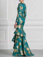 Teal And Gold Floral Print Boat Neck High-Low Ruffle Gown