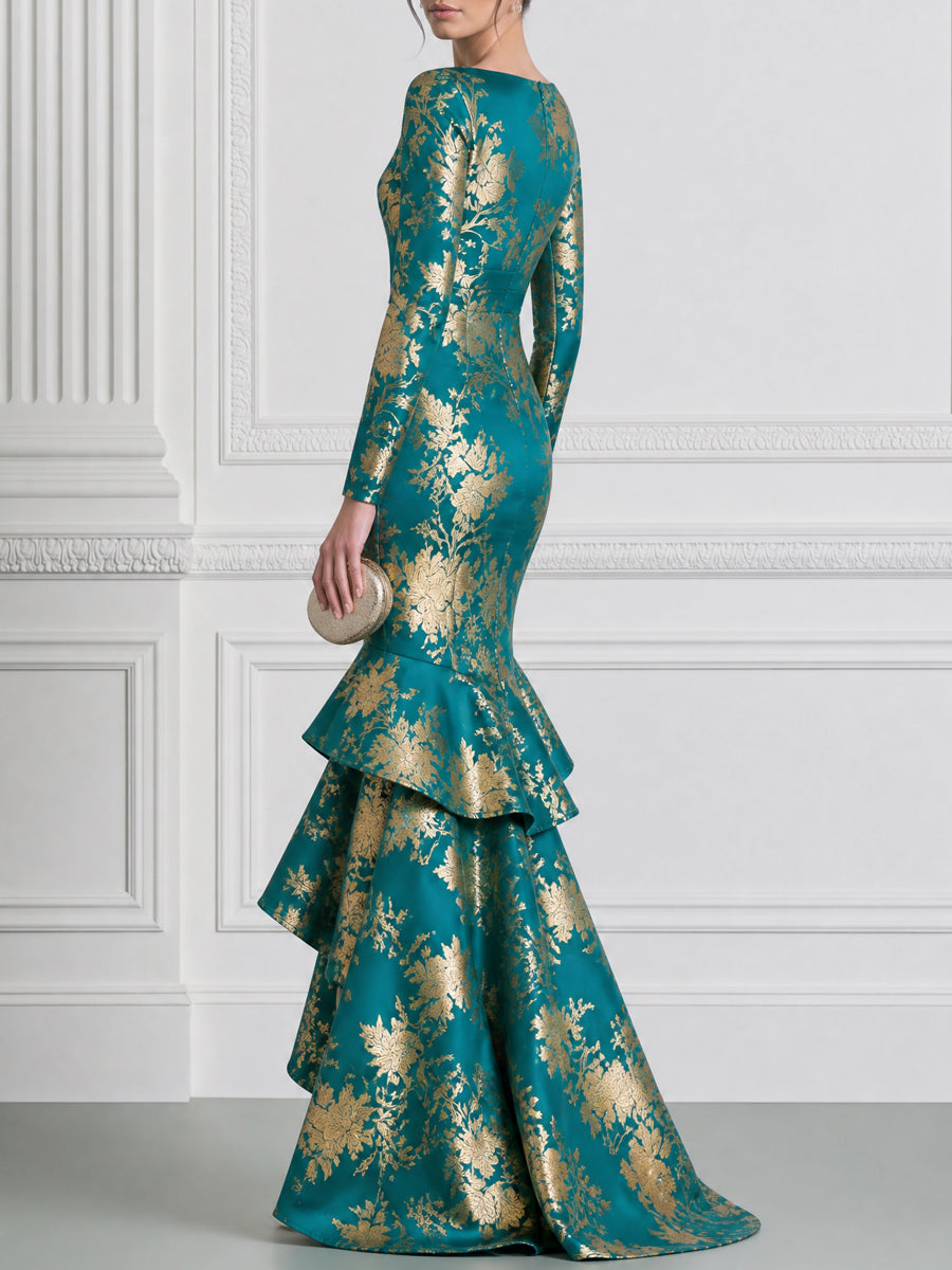 Teal And Gold Floral Print Boat Neck High-Low Ruffle Gown