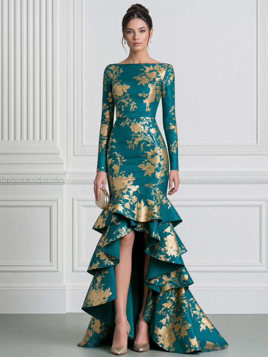 Teal And Gold Floral Print Boat Neck High-Low Ruffle Gown