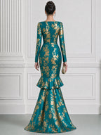 Teal And Gold Floral Print Boat Neck High-Low Ruffle Gown