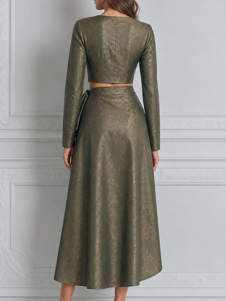 Olive Fall Fashion Cropped Top & Wrap Skirt Set