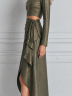 Olive Fall Fashion Cropped Top & Wrap Skirt Set