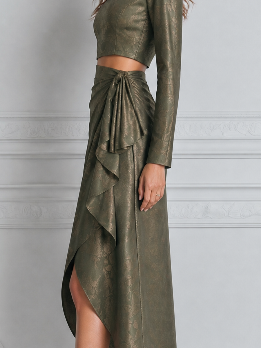 Olive Fall Fashion Cropped Top & Wrap Skirt Set