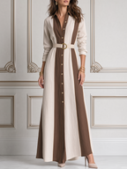 White Dress Fall Fashion Contrast Panel Belted Shirt Maxi Dress
