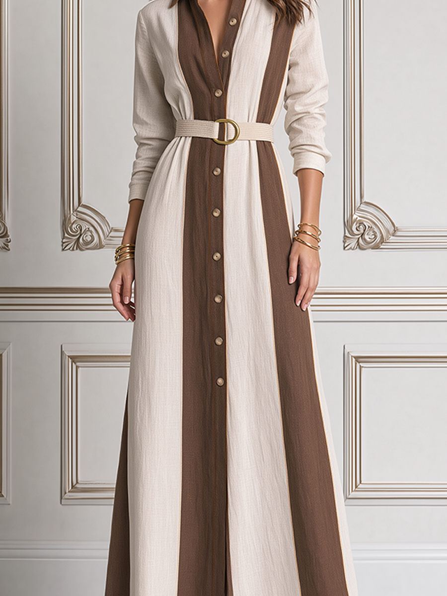 White Dress Fall Fashion Contrast Panel Belted Shirt Maxi Dress