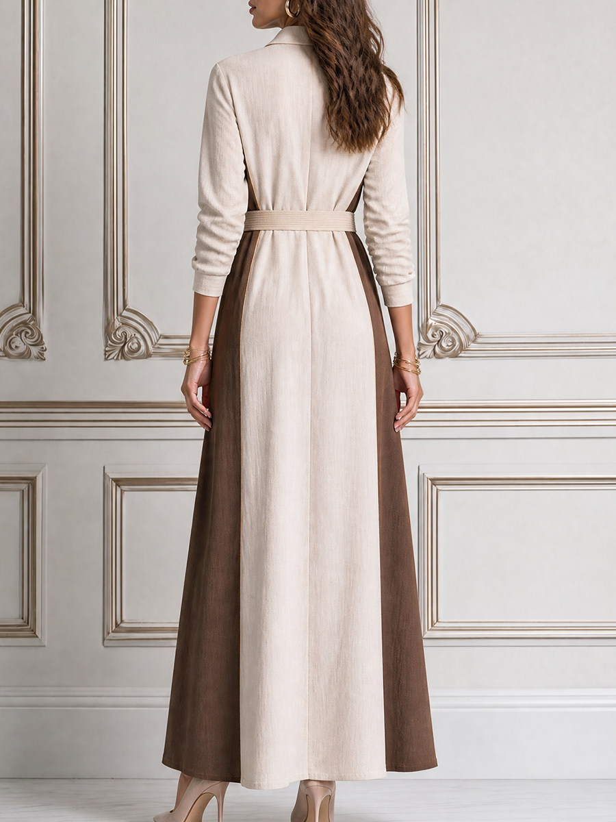 White Dress Fall Fashion Contrast Panel Belted Shirt Maxi Dress