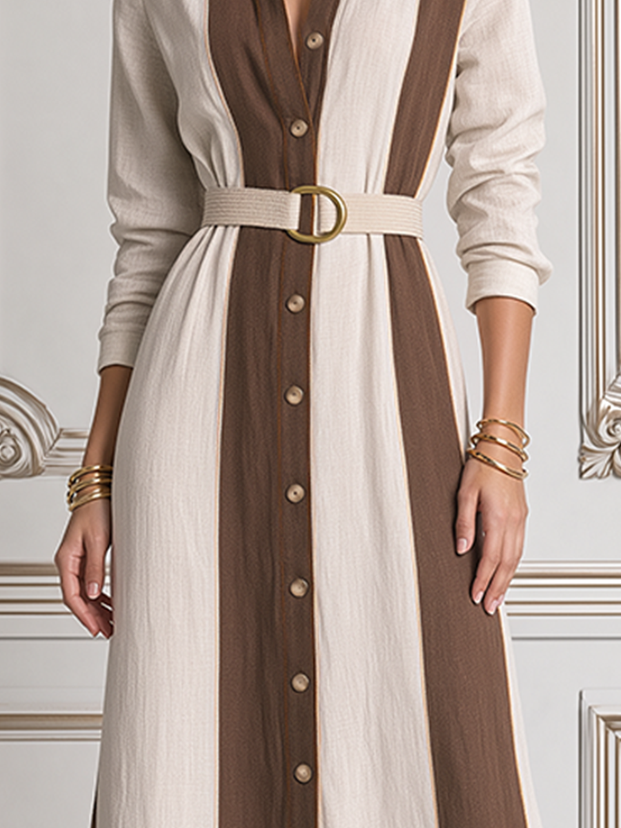 White Dress Fall Fashion Contrast Panel Belted Shirt Maxi Dress