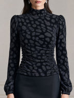 Leopard Print Mock Neck Puff Sleeve Ruched Top