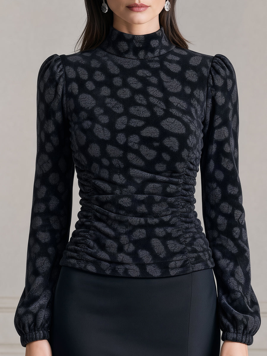 Leopard Print Mock Neck Puff Sleeve Ruched Top