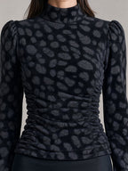 Leopard Print Mock Neck Puff Sleeve Ruched Top