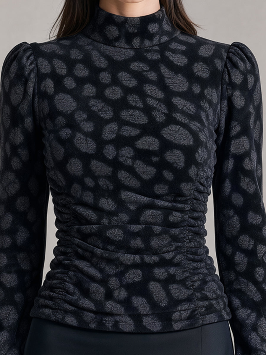 Leopard Print Mock Neck Puff Sleeve Ruched Top