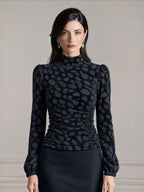 Leopard Print Mock Neck Puff Sleeve Ruched Top