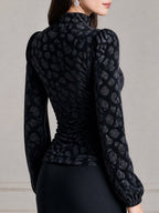 Leopard Print Mock Neck Puff Sleeve Ruched Top